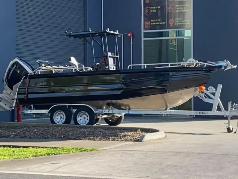 Black plate aluminium centre console on a trailer