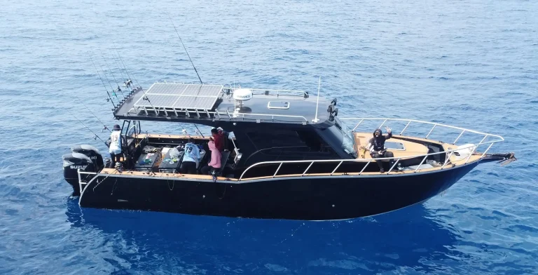 Black plate aluminium cruiser under way on deep blue water