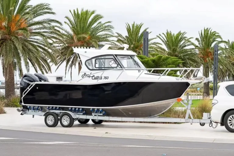 Black plate aluminium hardtop boat on a trailer by the palms