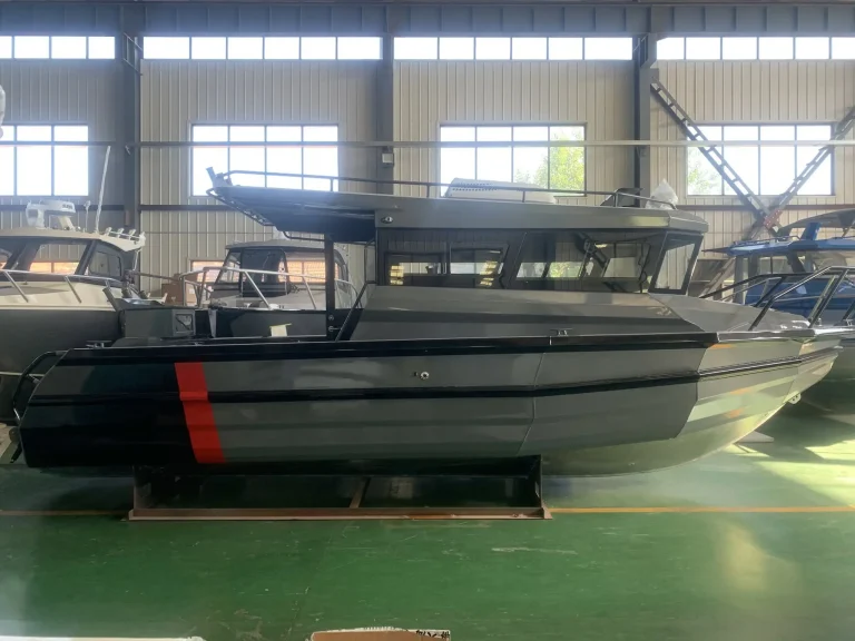 Black plate aluminium hardtop hull on the factory floor