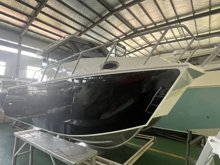 Black plate aluminium hull under fit out in the factory