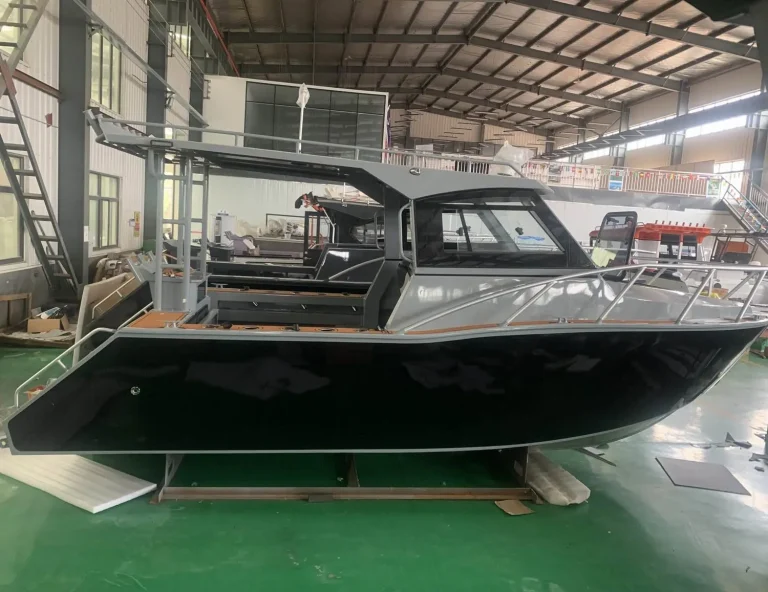 Black plate aluminium hull with hardtop in the factory