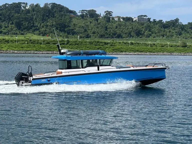 Blue and white plate aluminium boat under way on a river