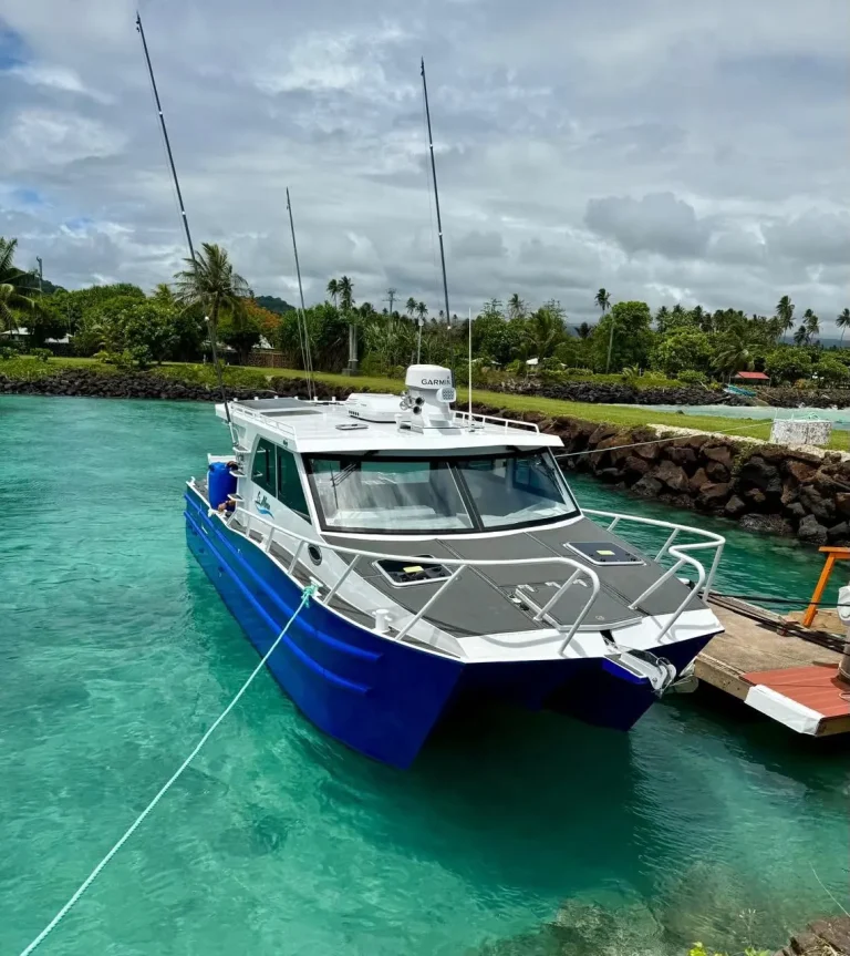Blue and white plate aluminium cabin boat at anchor