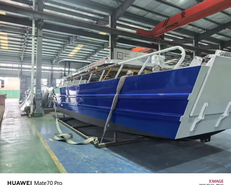 Blue and white plate aluminium landing craft in the factory