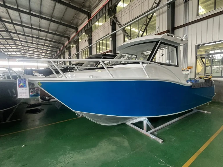 Blue plate aluminium boat under fit out
