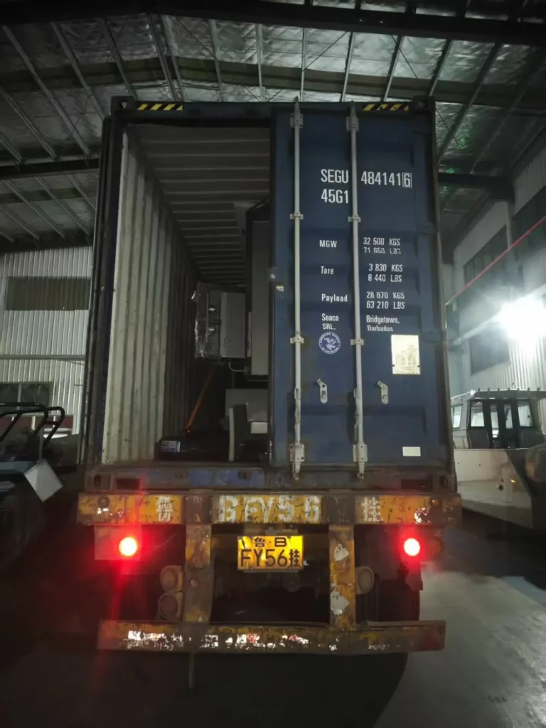 Boat loaded into a shipping container