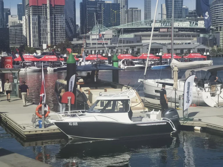 Boat show display with plate aluminium boats afloat