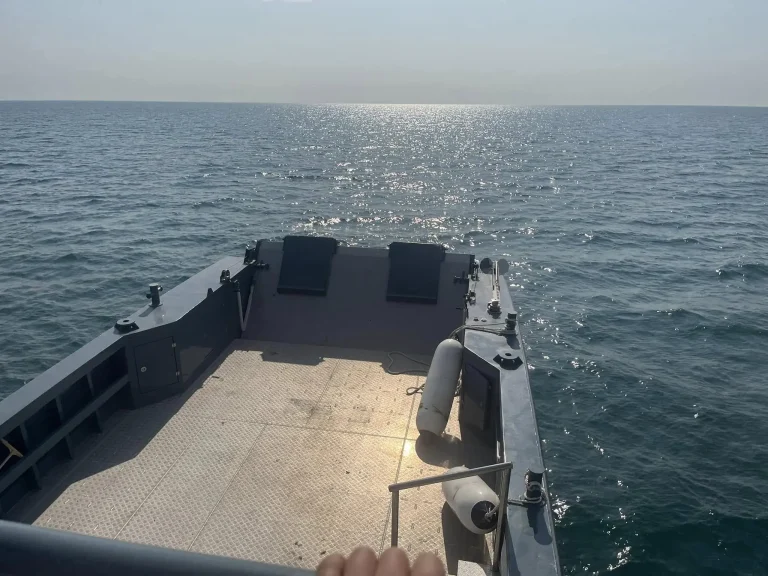 Bow deck of a work boat under way offshore