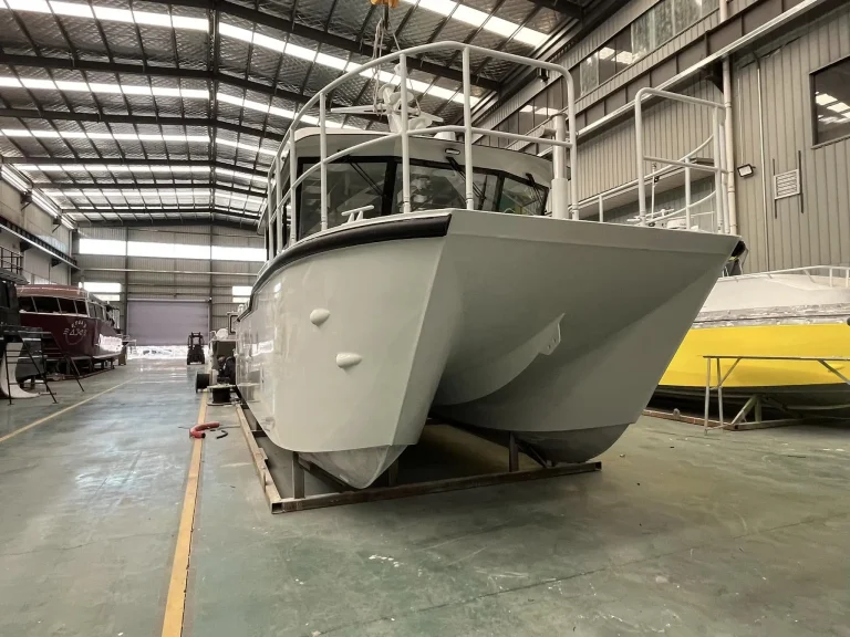 Bow of a plate aluminium landing craft in the factory