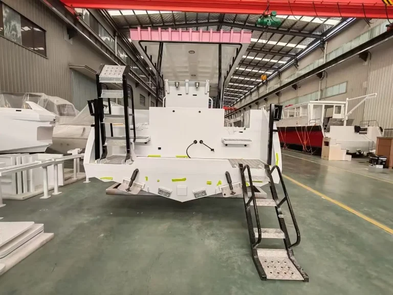 Bow view of a primed plate aluminium hull