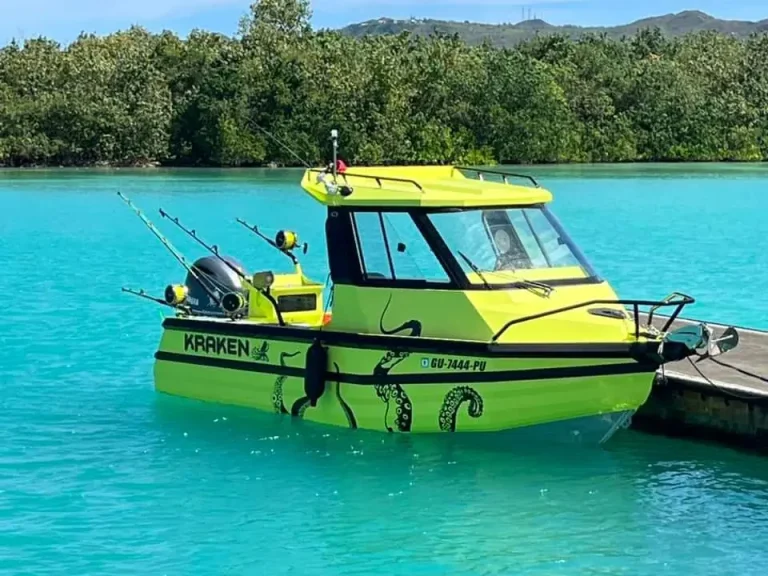 Bright green wrapped plate aluminium boat at a mangrove jetty