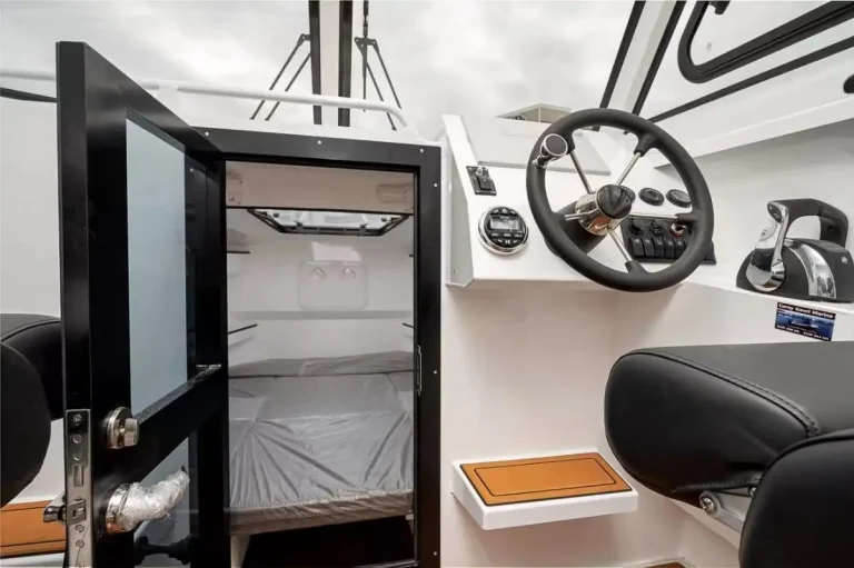 Cabin fridge and helm dash detail