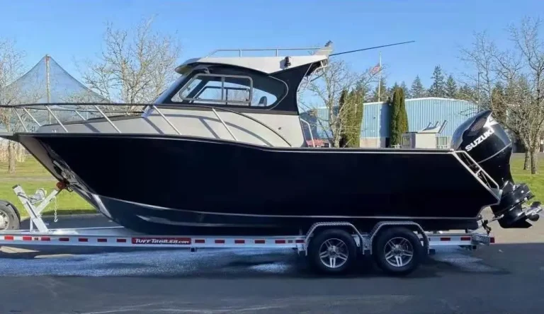 Charcoal plate aluminium hardtop boat on a tandem trailer