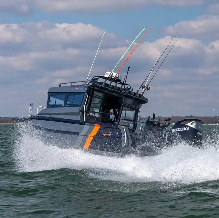 Charcoal plate aluminium hardtop boat running hard offshore