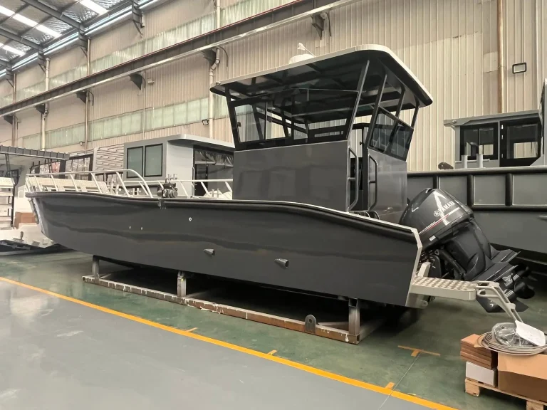 Dark plate aluminium work boat under fit out
