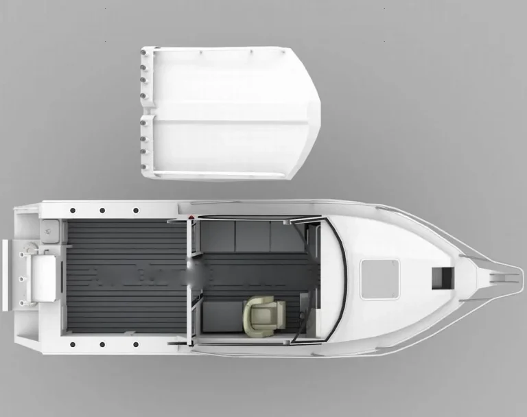 Deck layout drawing of an enclosed cabin plate aluminium boat
