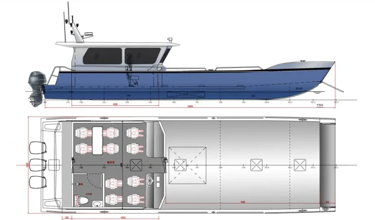 Design drawing of a hardtop work boat with outboards