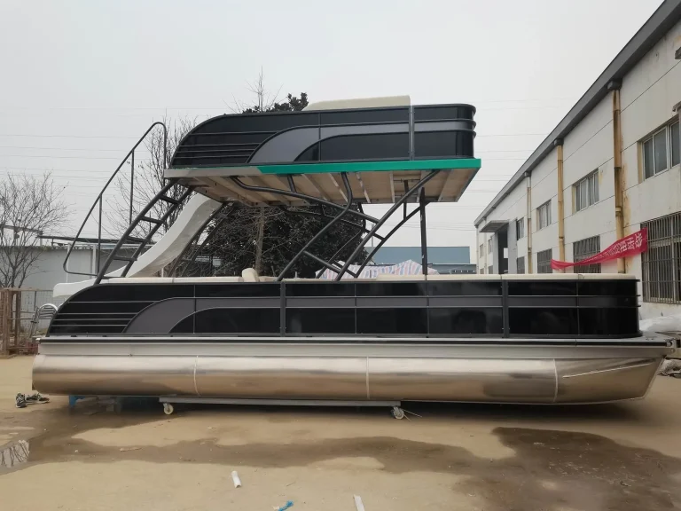 Double decker aluminium pontoon boat with upper sun deck