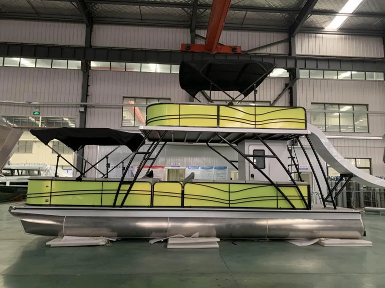 Double decker pontoon boat with waterslide in the factory