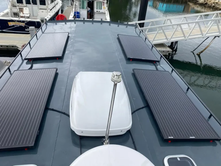 Foredeck with solar panels and anchor hatch