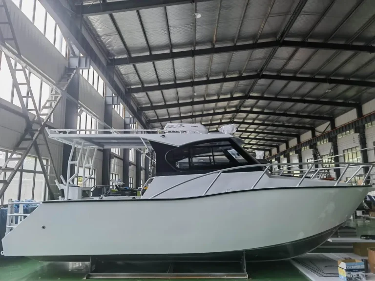 Grey hardtop plate aluminium boat nearing completion