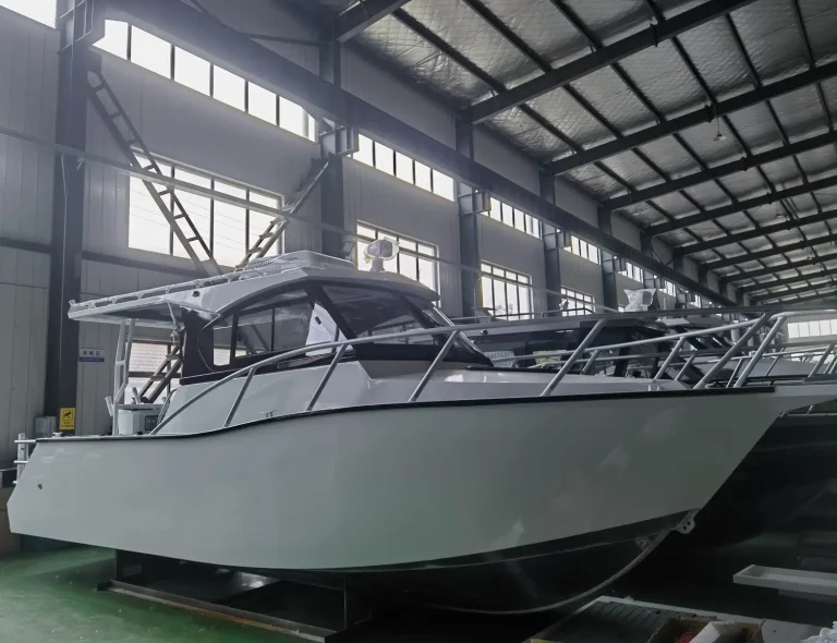 Grey plate aluminium hardtop hull on the factory floor