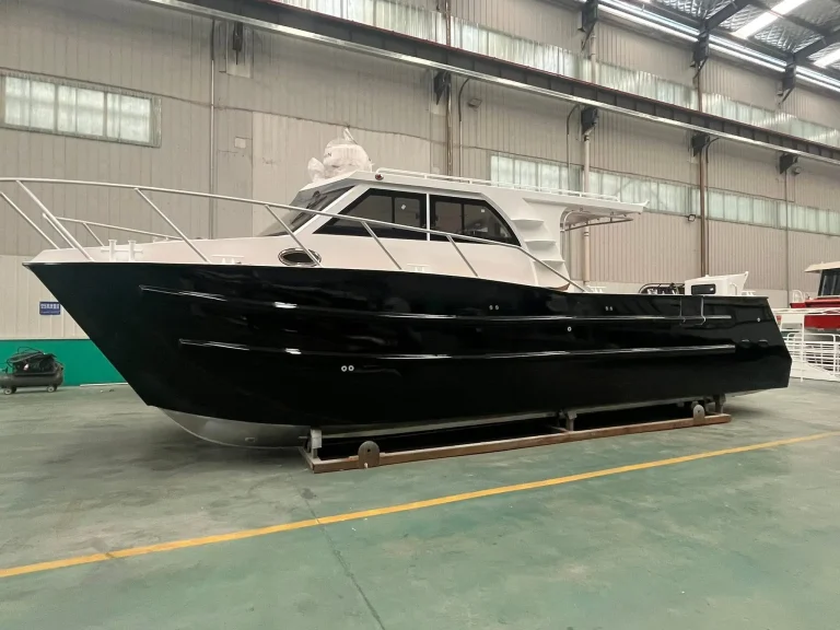 Large black plate aluminium hull in the factory