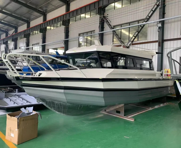 Long plate aluminium passenger boat under fit out