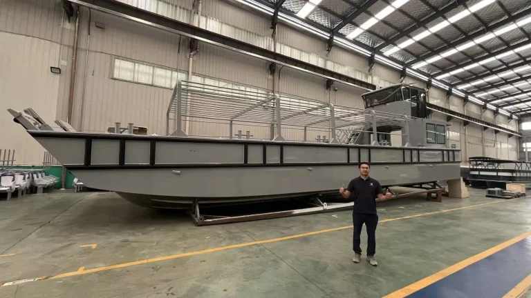 Long plate aluminium vessel on the factory floor