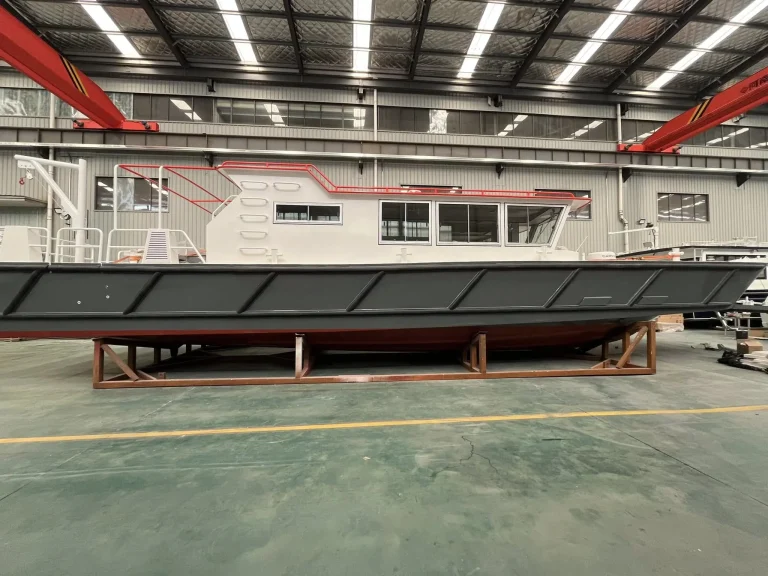 Long plate aluminium work boat under construction