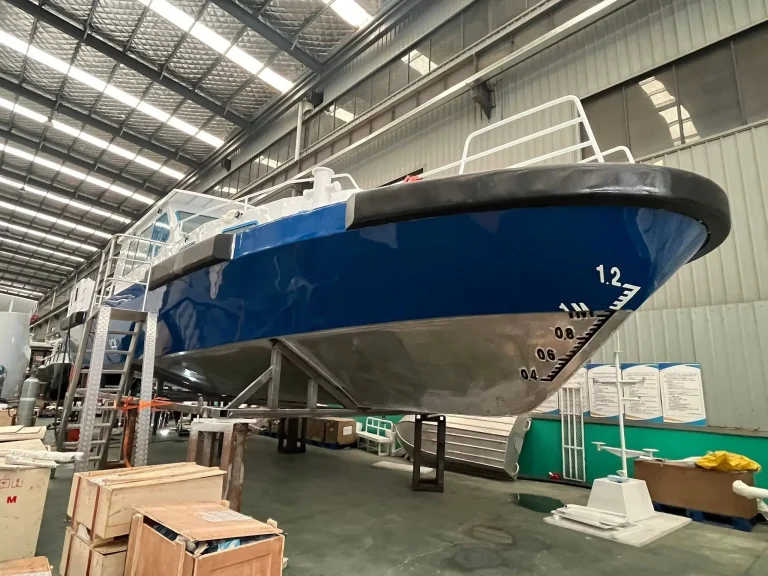 Navy plate aluminium hull on stands in the factory