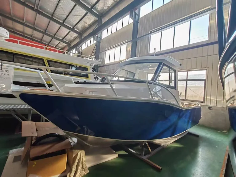 Navy plate aluminium hull under fit out in the factory
