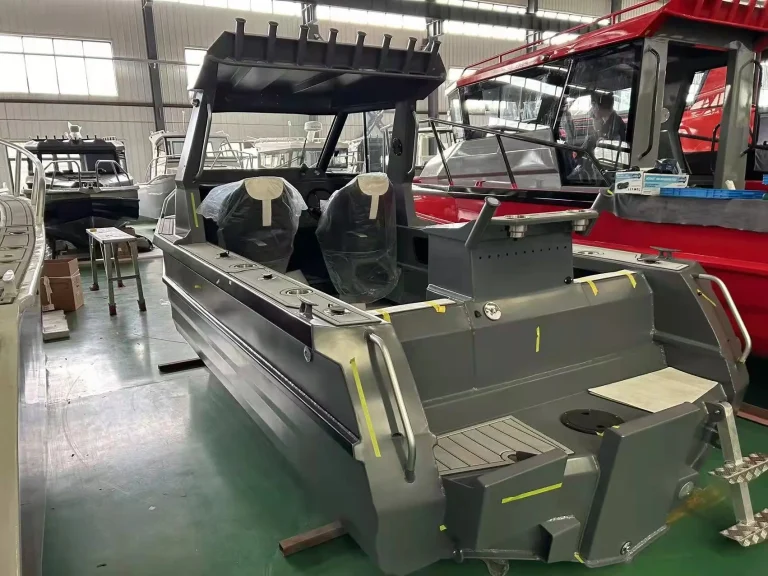 Olive plate aluminium boat under fit out in the factory