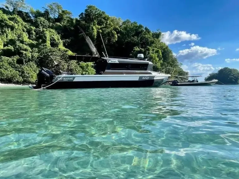 Plate aluminium boat anchored in clear turquoise water off a headland