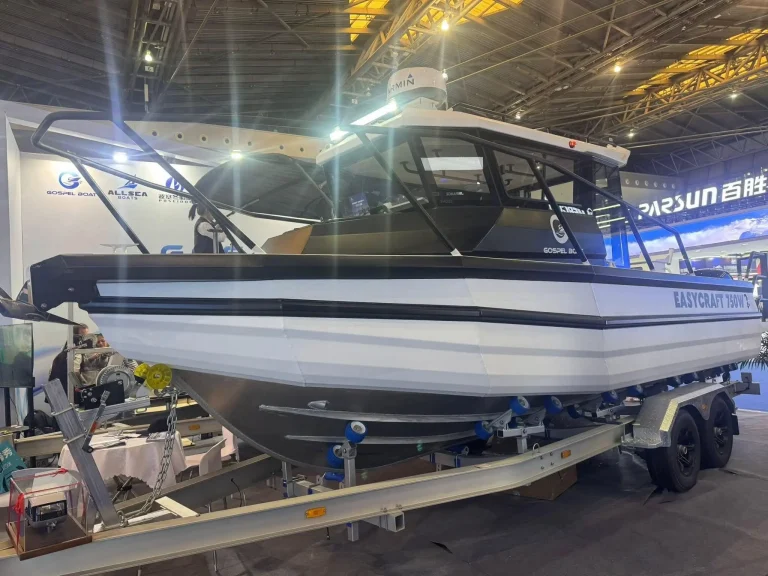 Plate aluminium boat lit on a boat show stand