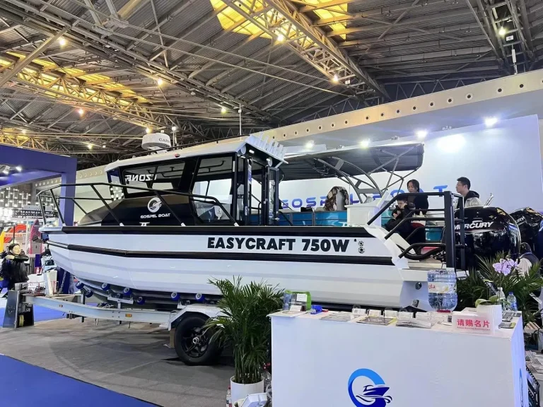 Plate aluminium boat on a stand at an international boat show