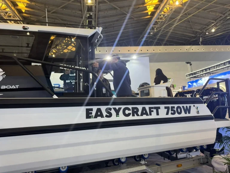Plate aluminium boat on a trailer at a boat show
