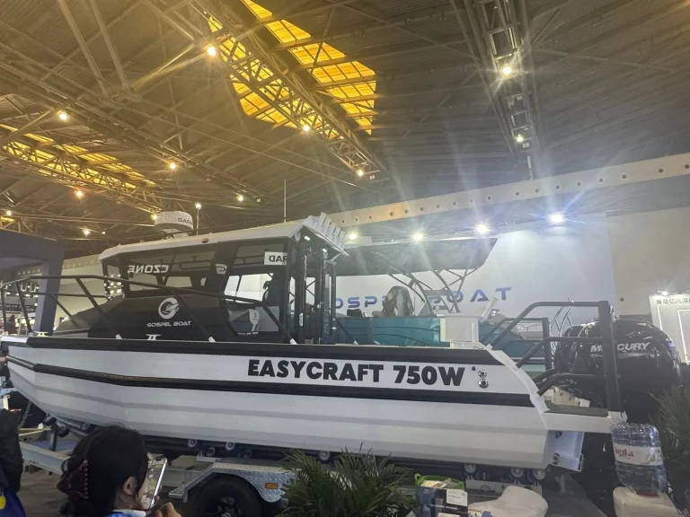 Plate aluminium boat on display under show lighting