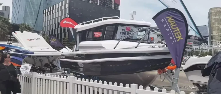 Plate aluminium boats on display at a boat show