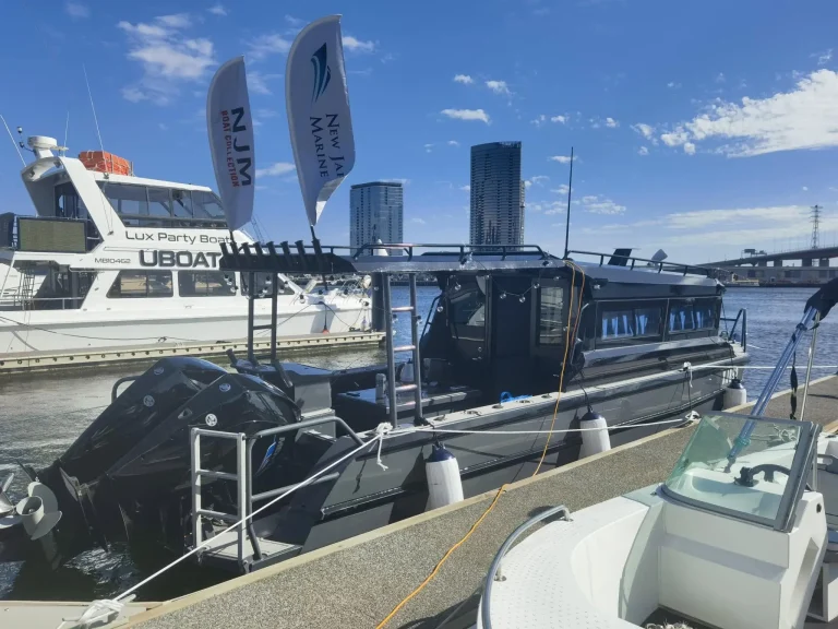 Plate aluminium boats on the water at a boat show