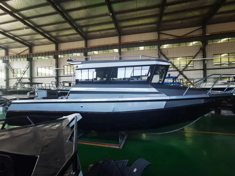 Plate aluminium boats under cover in the factory yard