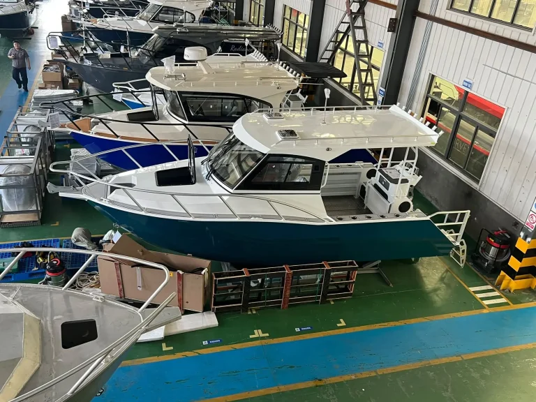 Plate aluminium boats under fit out in the factory