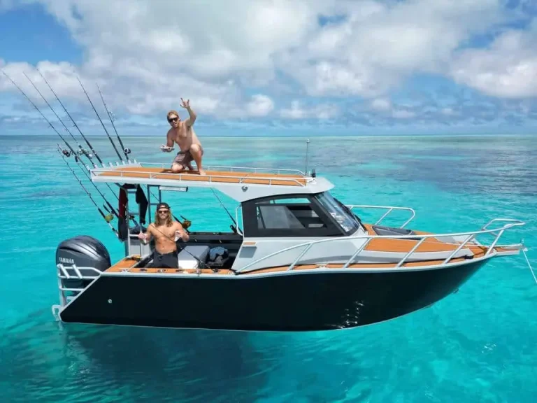 Plate aluminium cabin boat anchored over a tropical reef