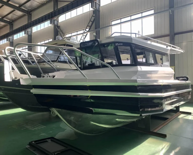 Plate aluminium cabin boat under fit out in the factory