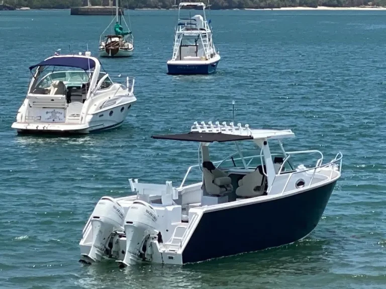Plate aluminium centre console among boats on the bay