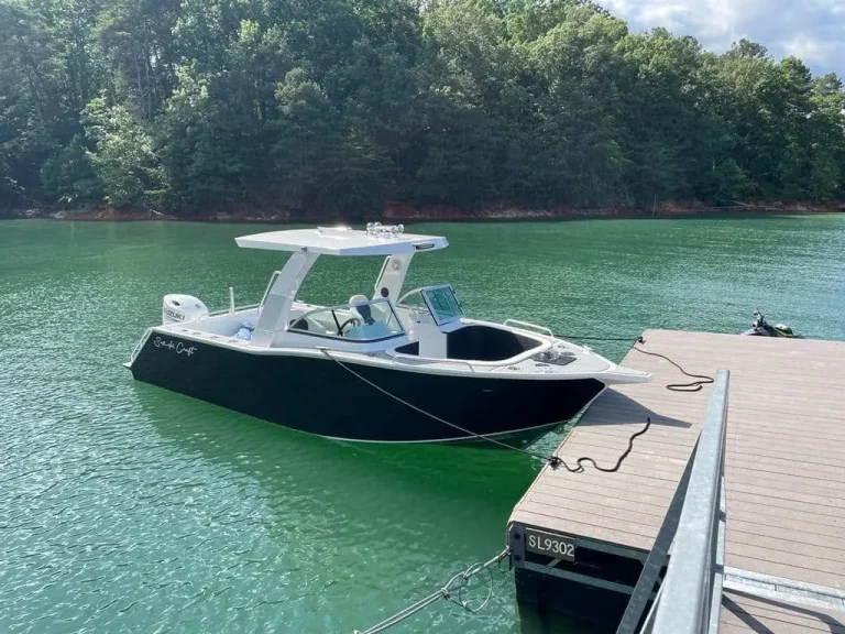 Plate aluminium centre console moored in a green bay