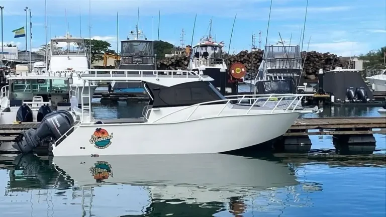 Plate aluminium centre console moored in a working harbour