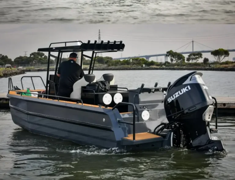 Plate aluminium centre console with Suzuki outboard on the bay