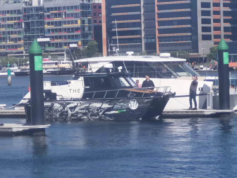 Plate aluminium charter boat alongside a city pontoon